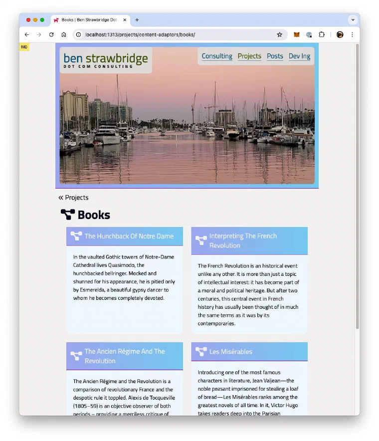 A sample bookstore page generated with a Hugo content adapter