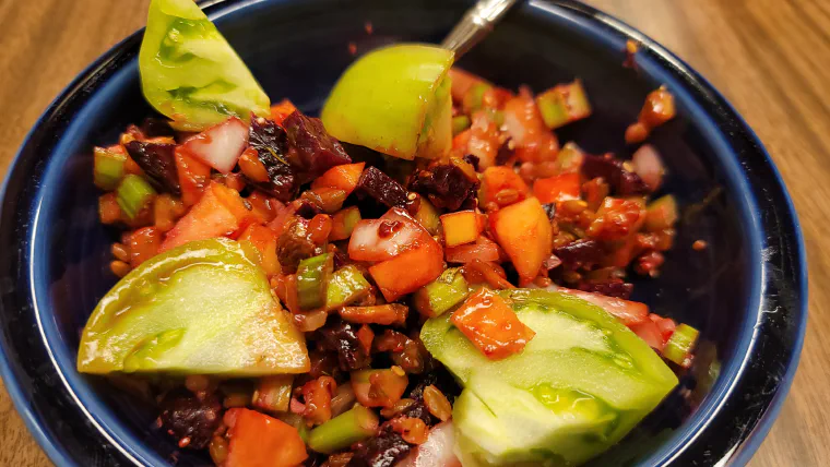 Finished tarragon beet salad with mushrooms, celery, grains, and seeds