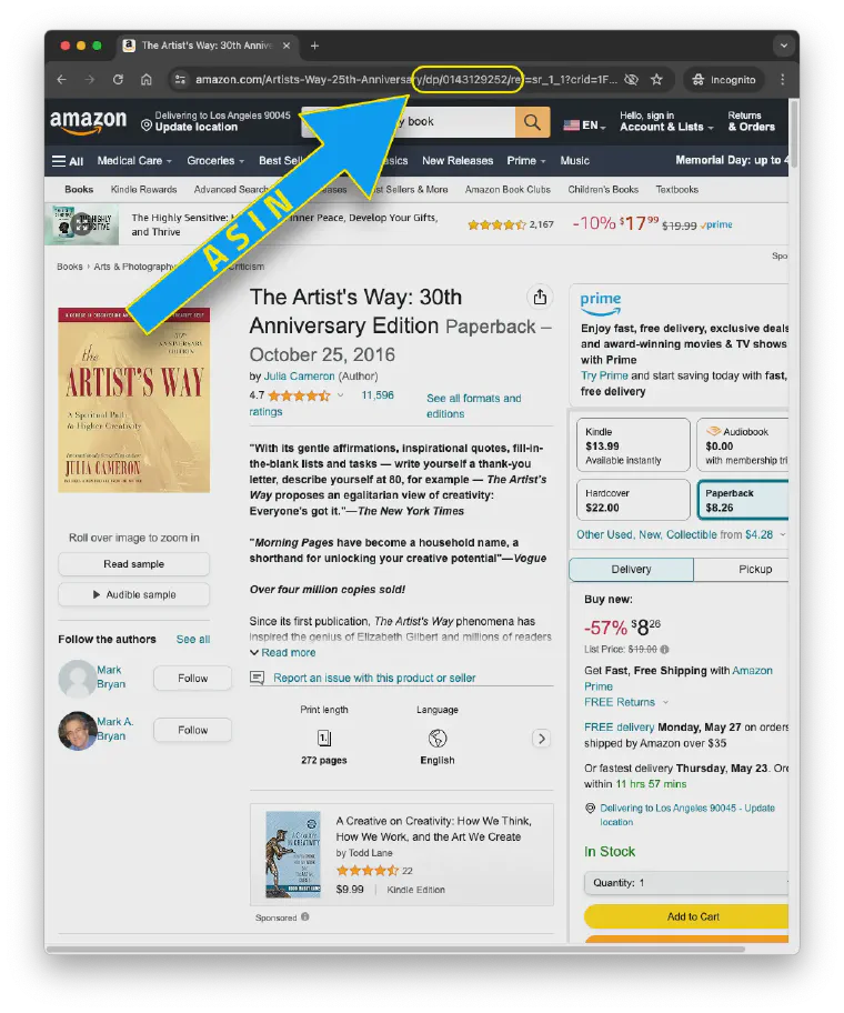 A browser address bar highlighting where to find an Amazon ASIN