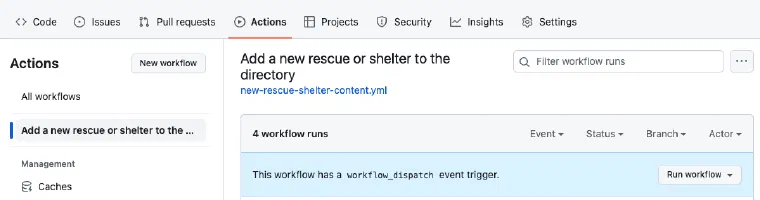 The GitHub Actions interface showing a Run workflow button