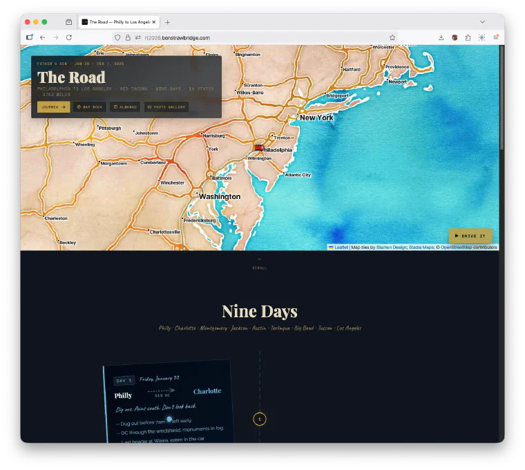The road trip site's home page hero: the cross-country route drawn on a watercolor basemap